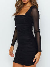 Women's Party Dress Bodycon Sheath Dress Mini Dress Black Long Sleeve Pure Color Mesh Spring Fall Winter Square Neck Fashion Party Wedding Guest Vacation